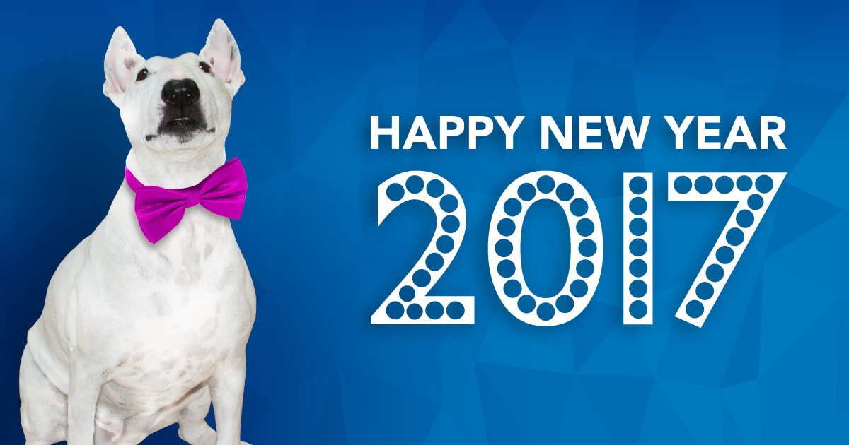 The words Happy New Year 2017 with dog with a bow tie next to it.