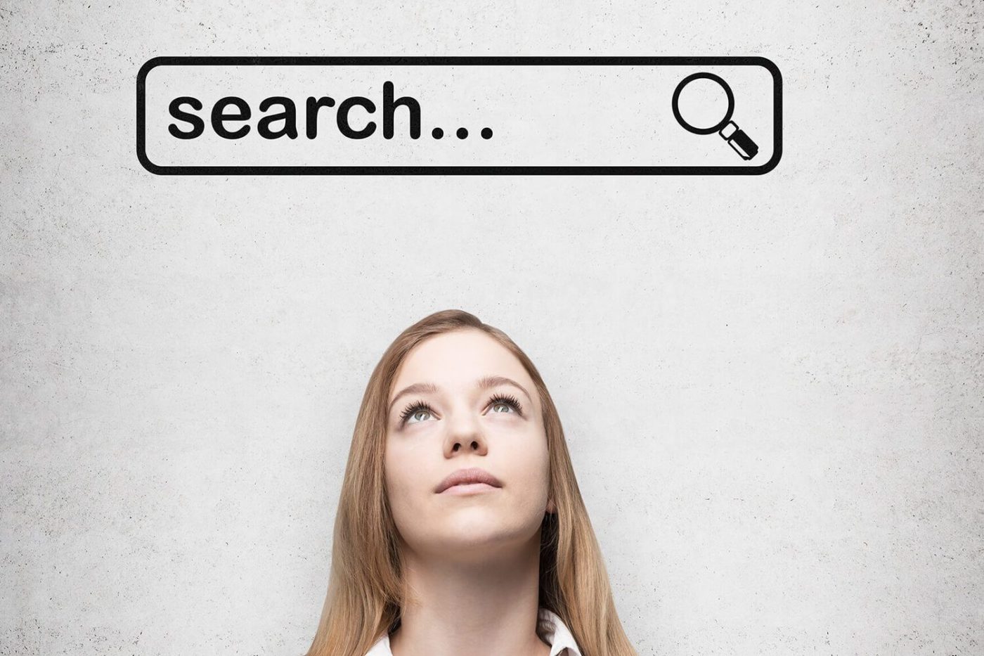 Woman looking up at a google search bar. The science of search, simplified.