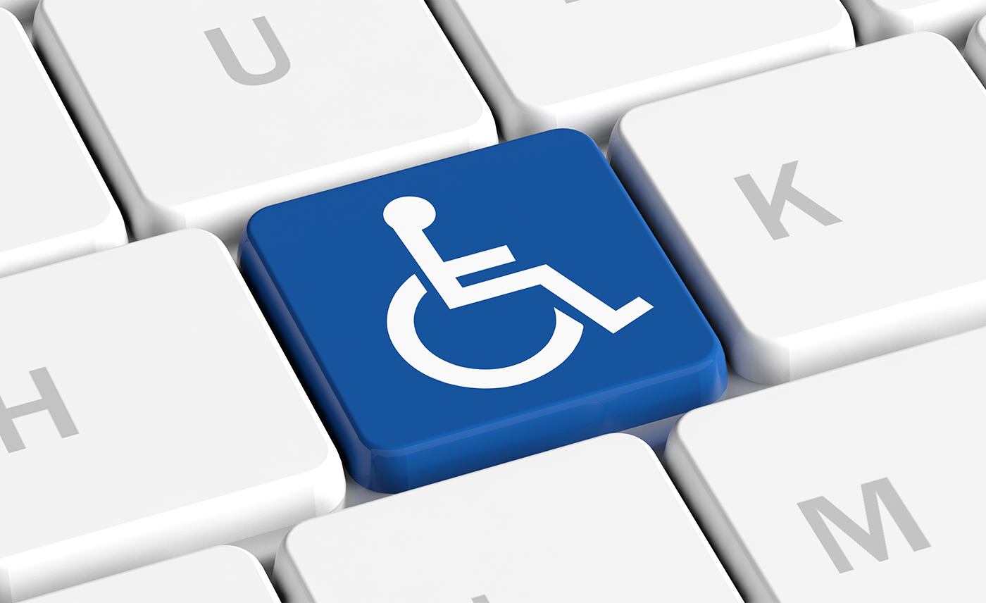 Disability, handicapped concept. Blue key button with wheelchair sign on a computer keyboard, banner. 3d illustration