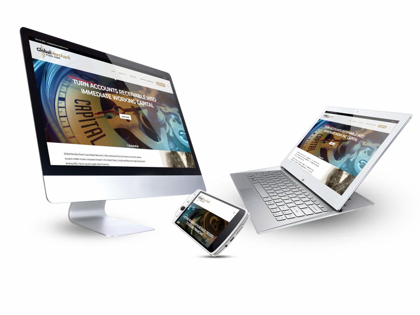 Image of website mockup - a desktop computer, a phone and a laptop/tablet - representing responsive web design