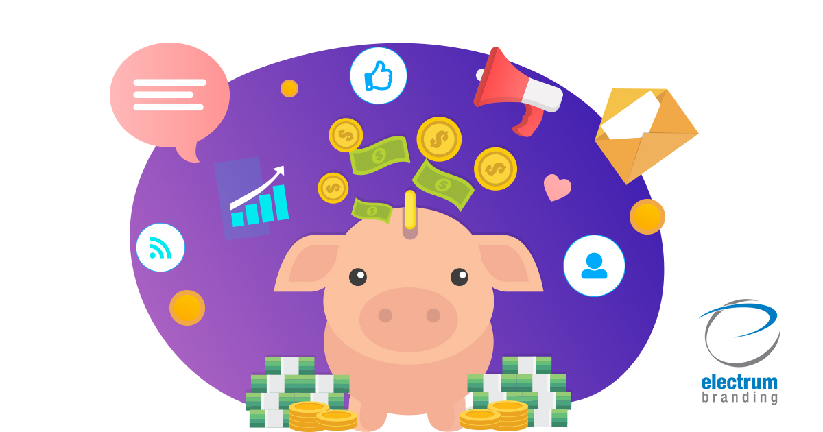 Piggy bank surrounded with icons symbolizing ways to promote content