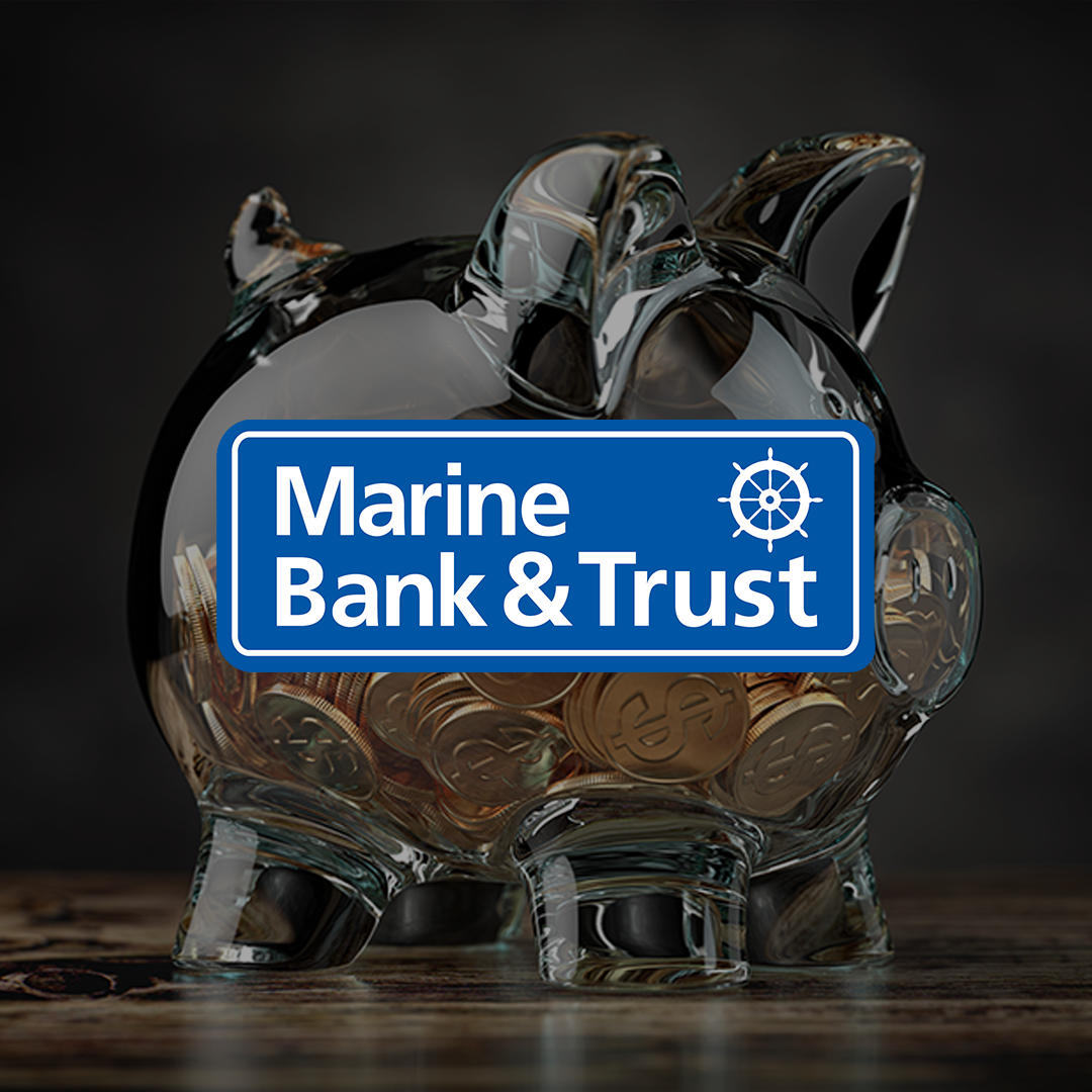 Marine Bank logo and piggy bank